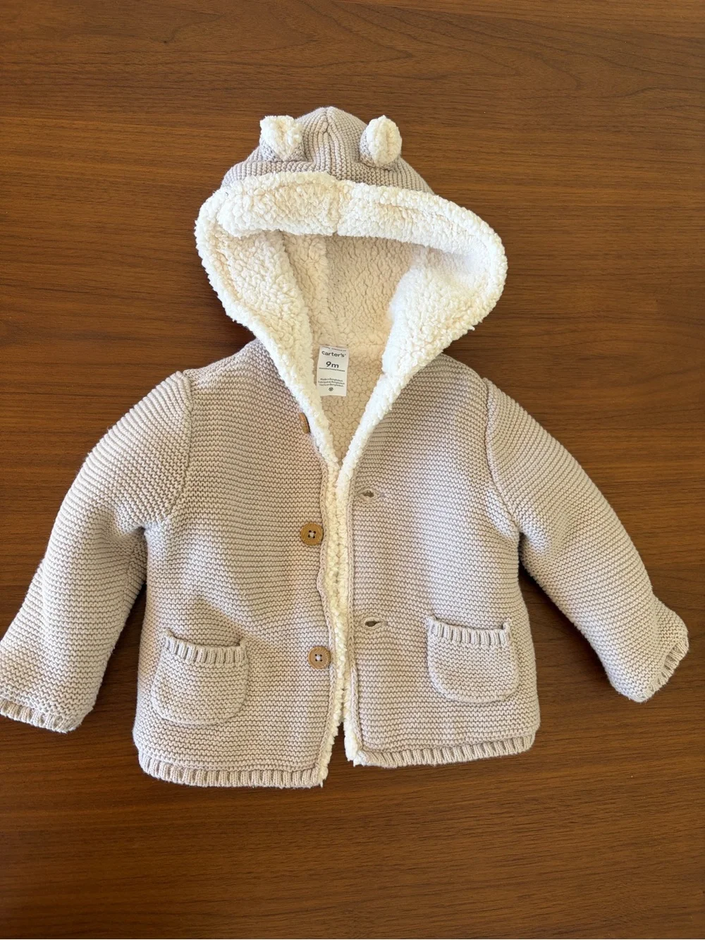 Carter’s beige/light taupe cozy baby jacket with teddy ears 6-9months